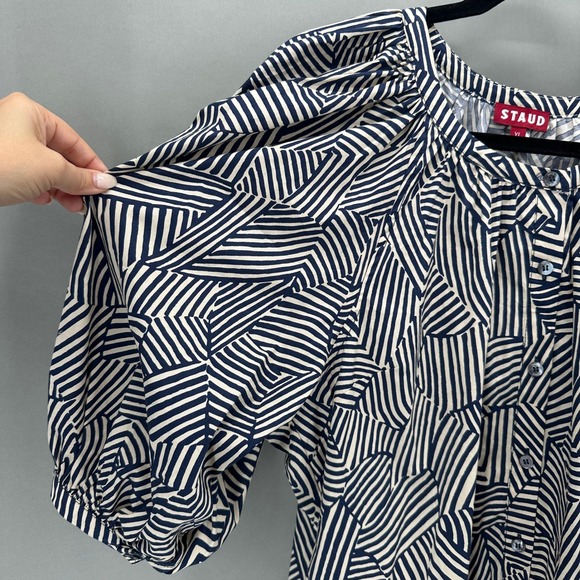 STAUD‎ Vincent Mini Dress Navy Tan Mosaic Puff Sleeve Button Front Womens XL NWT - Picture 8 of 12